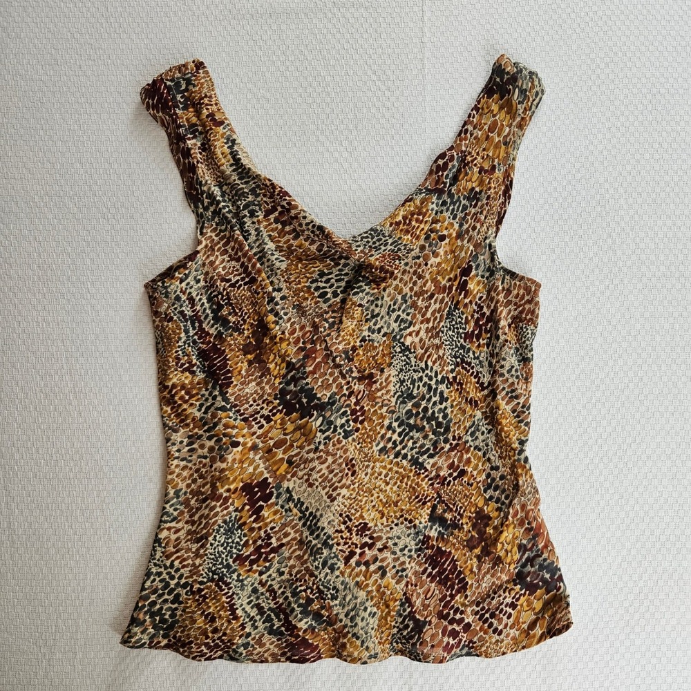100% Silk Bias Cut Tank Top Cowl Neck Animal Print Tan Size 10 90s Office Retro